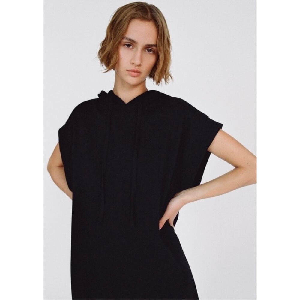 Zara Black Short Sleeve Drawstring Hooded Hoodie Mini Tunic Sweatshirt Dress M - Picture 2 of 6